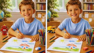 Spot the Difference Challenge: Find 3 Hidden Changes in This Boy Drawing Within 7 Seconds